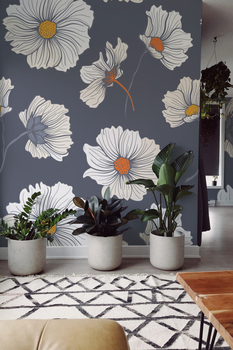 Bold Flowers Elegant Wall Mural with large white daisies on a dark gray background, ideal for bedrooms, accent walls, or stylish living spaces.