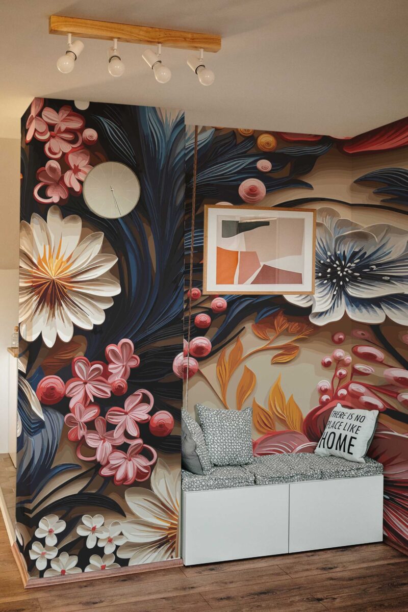 3D Imitation Bloom Wall Mural with colorful beige florals in a three-dimensional effect, perfect for botanical-inspired living rooms and creative accent walls.