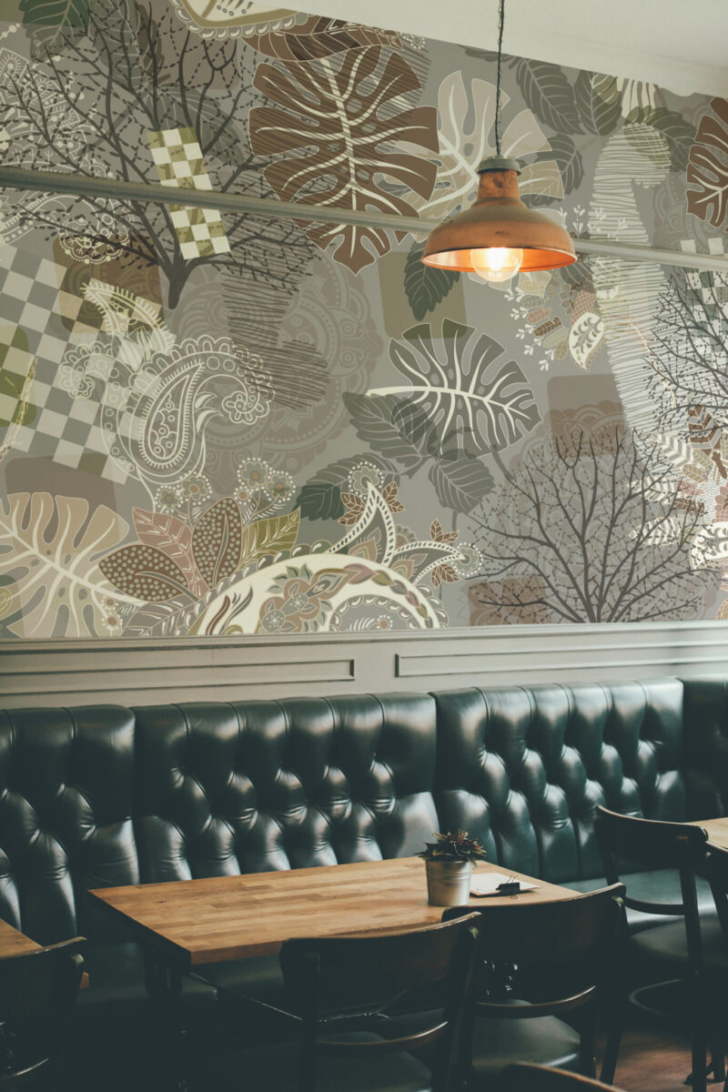 Tropical Paisley Wall Mural with abstract tropical leaves, paisley shapes, and geometric details in brown and gray, ideal for living rooms or eclectic interiors.