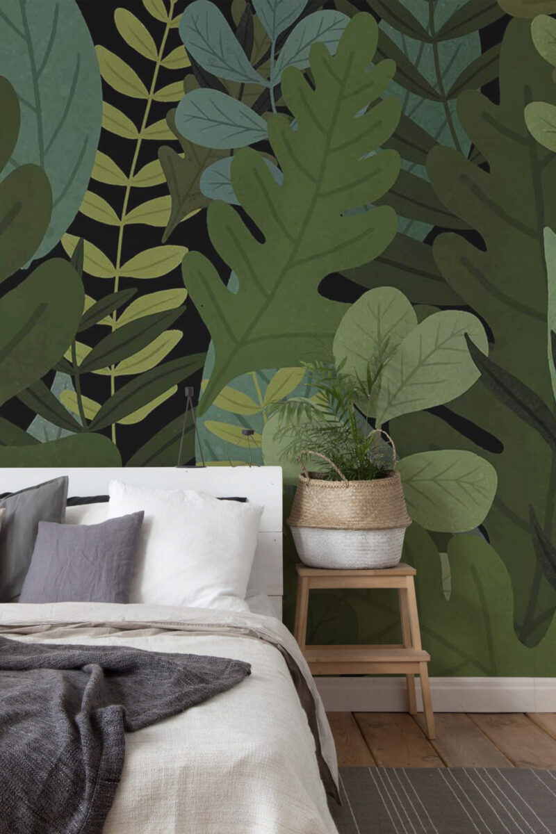 Green Tropical peel and stick or non-pasted wall mural. Fancy Walls removable self-adhesive or traditional tropical leaf eco-friendly and PVC-free bedroom mural wallpaper.