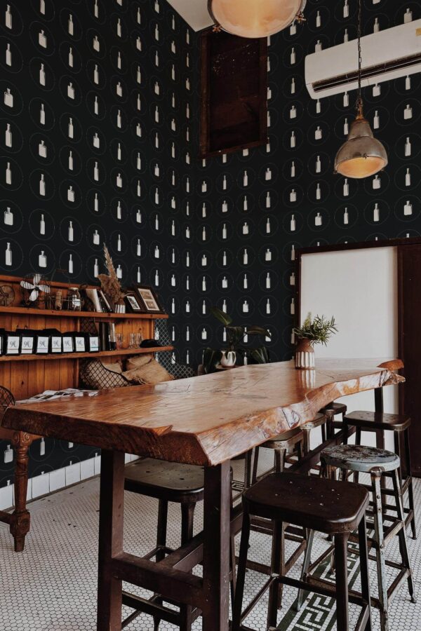 Rustic farmhouse style bar decorated with Bottle bar peel and stick wallpaper
