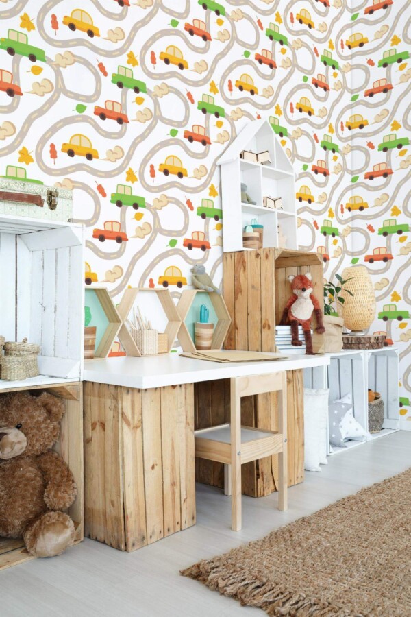 Farmhouse style kids room decorated with Boy nursery peel and stick wallpaper