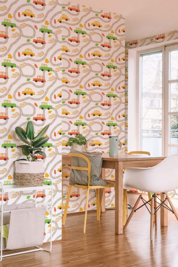 Minimal scandinavian style dining room decorated with Boy nursery peel and stick wallpaper