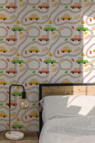 Minimal modern style bedroom decorated with Boy nursery peel and stick wallpaper