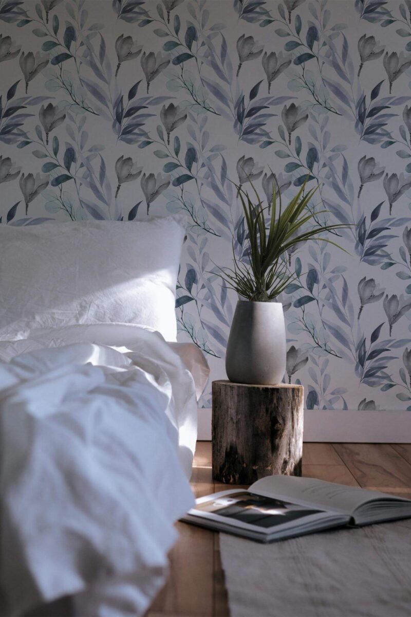 Minimal scandinavian style bedroom decorated with Breezy leaves peel and stick wallpaper