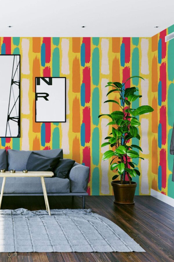 Modern scandinavian style living room decorated with Bright brush peel and stick wallpaper