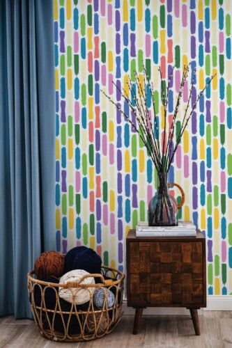 Coastal style living room decorated with Bright brush strokes peel and stick wallpaper