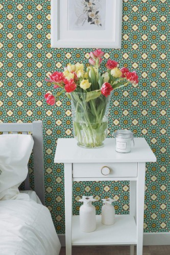 Farmhouse style bedroom decorated with Bright floral Geometric peel and stick wallpaper