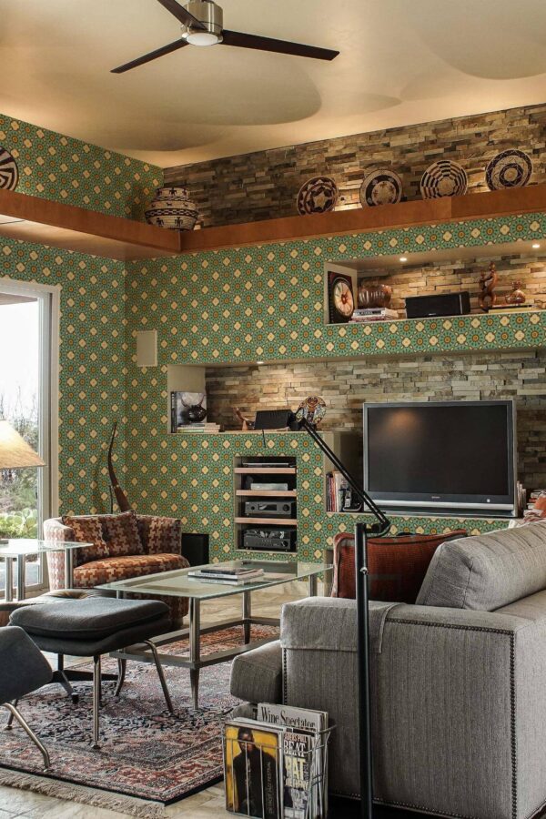 Scandinavian style living room decorated with Bright floral Geometric peel and stick wallpaper and Mediterranean accents