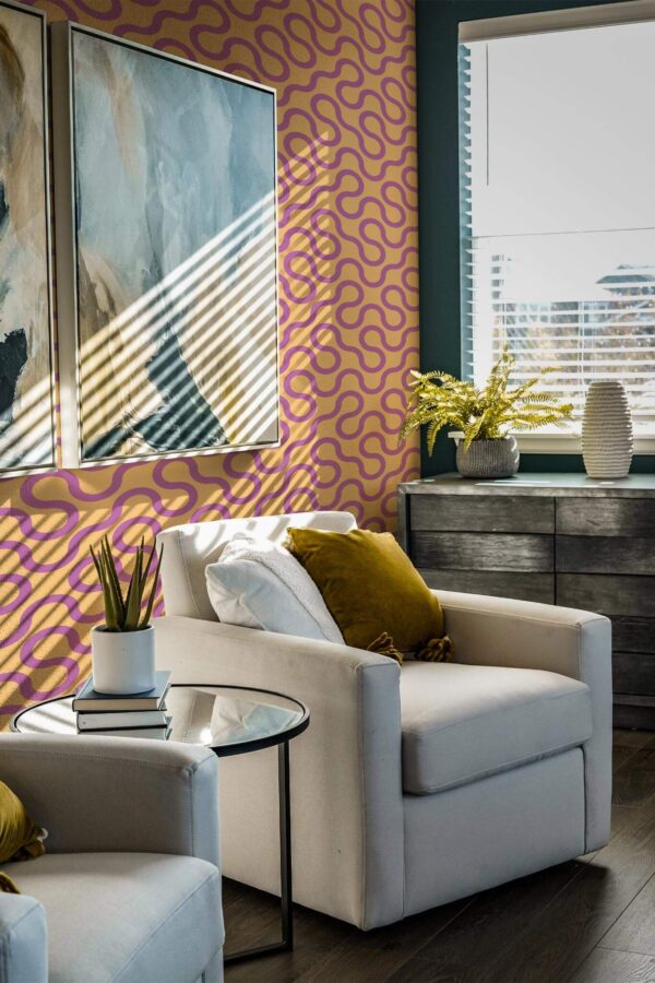 Shabby chic style living room decorated with Bright geometric lines peel and stick wallpaper