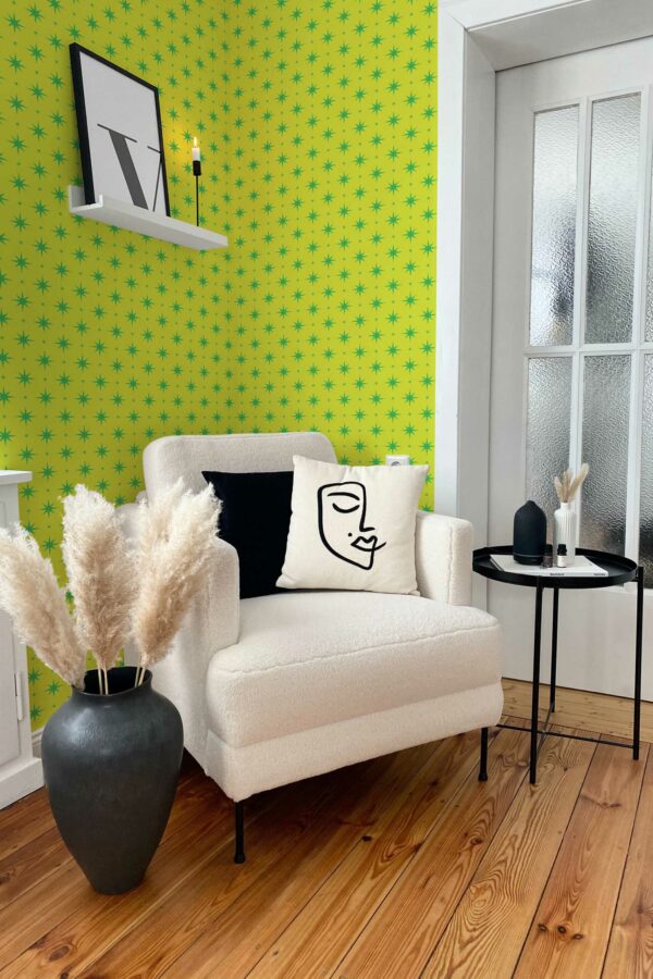 Fancy Walls Bright Green Stars on Chartreuse self-adhesive wallpaper