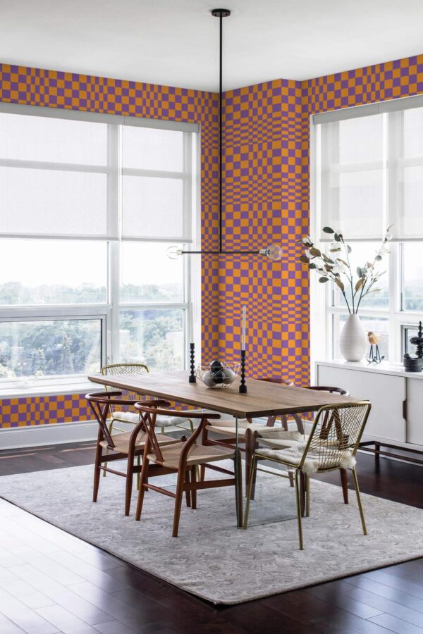 Modern minimalist style dining room decorated with Bright illusion peel and stick wallpaper