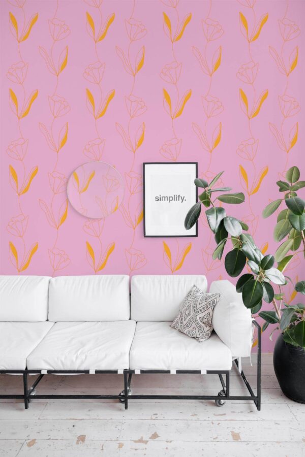 Minimal industrial style living room decorated with Bright lined flower peel and stick wallpaper