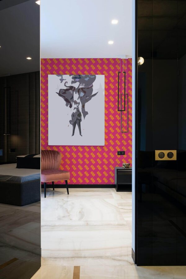 Art deco style bedroom decorated with Bright pink and orange peel and stick wallpaper