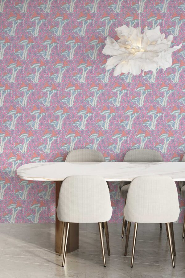 Bright pink funky magic mushrooms self-adhesive wallpaper from Fancy Walls