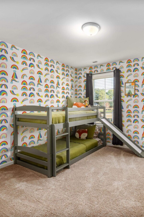 MId-century modern style kids room decorated with Bright Rainbow peel and stick wallpaper