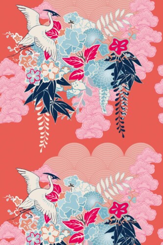 Pattern repeat of Bright red chinoiserie removable wallpaper design