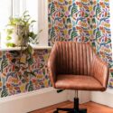 Mid-century modern style living room decorated with Bright shapes peel and stick wallpaper