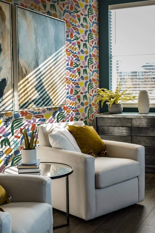 Shabby chic style living room decorated with Bright shapes peel and stick wallpaper