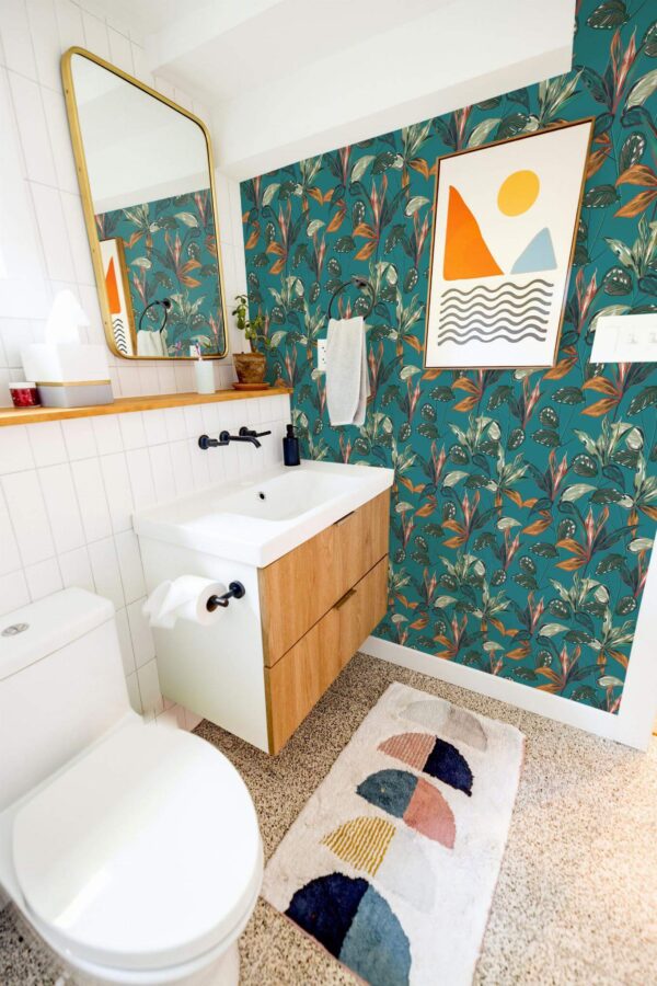 Modern boho style coffee bar decorated with Bright Tropical leaf peel and stick wallpaper