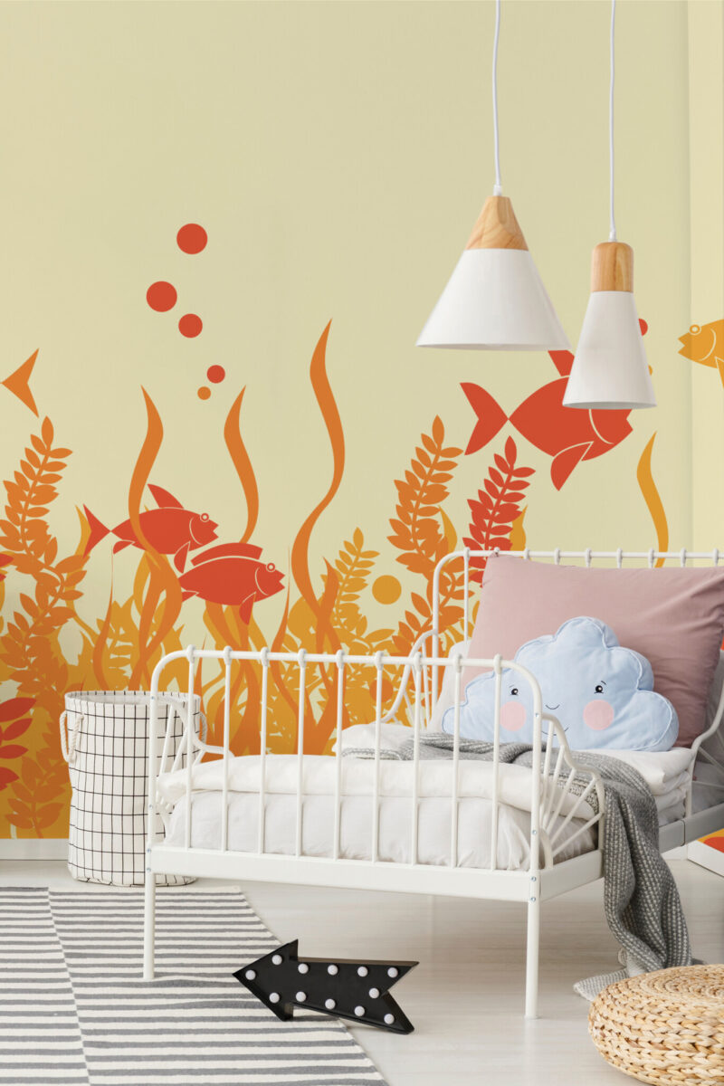 Orange Fish Tank Adventure Wall Mural with playful orange fish and seaweed in a bright aquarium scene, ideal for kids’ rooms, nurseries, and ocean-themed play areas.