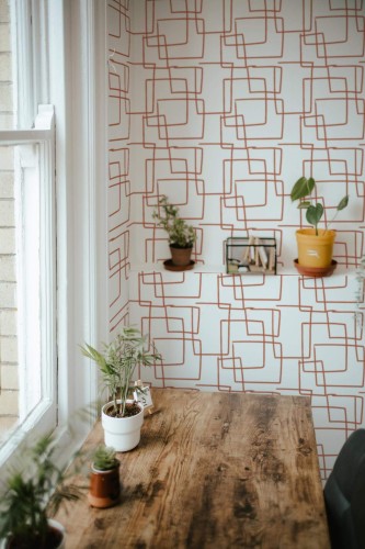 Farmhouse style home office decorated with Brown abstract lines peel and stick wallpaper