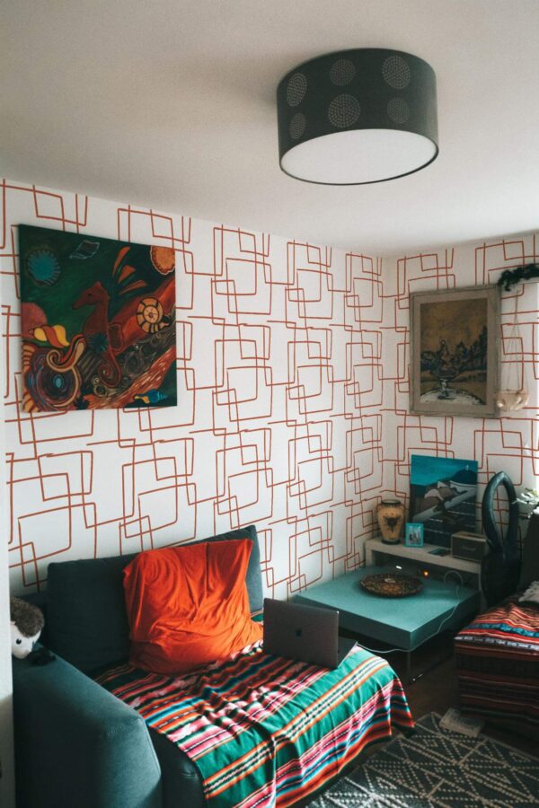 Rustic eclectic style living room decorated with Brown abstract lines peel and stick wallpaper