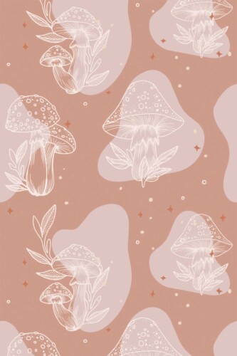 Traditional wallpaper featuring boho mushrooms on mocha mousse by Fancy Walls