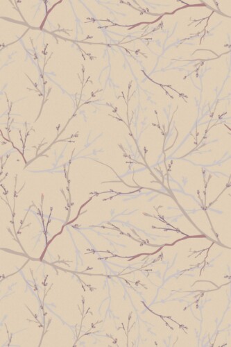 Close-up of the brown plant and tree wallpaper showing fine line branches in varied brown tones across a beige backdrop. This detailed nature wallpaper is suitable for spas, bedrooms, or soft eclectic interiors seeking a peaceful and organic design accent.