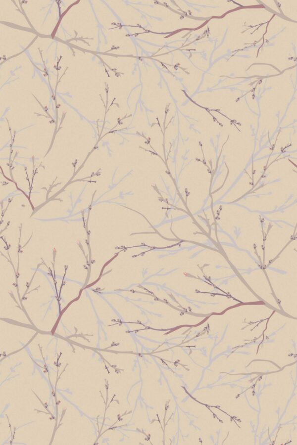 Close-up of the brown plant and tree wallpaper showing fine line branches in varied brown tones across a beige backdrop. This detailed nature wallpaper is suitable for spas, bedrooms, or soft eclectic interiors seeking a peaceful and organic design accent.