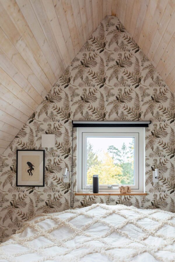 Light farmhouse style bedroom decorated with Brown fern peel and stick wallpaper
