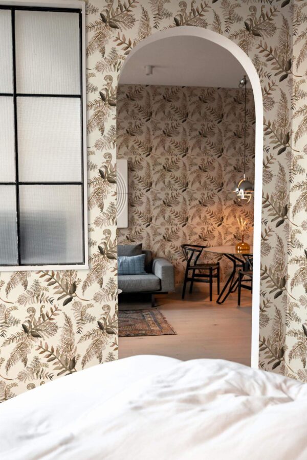 Modern scandinavian style living room decorated with Brown fern peel and stick wallpaper