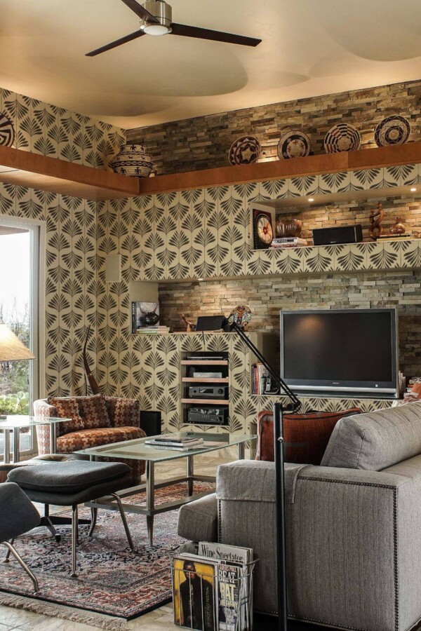 Scandinavian style living room decorated with Brown palm leaf peel and stick wallpaper and Mediterranean accents