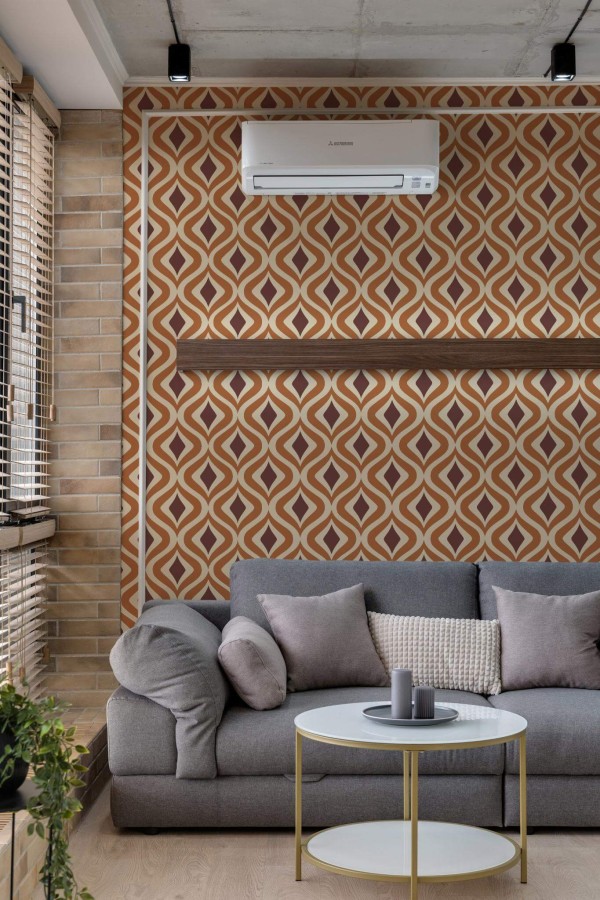 Scandinavian style living room decorated with Brown Retro peel and stick wallpaper