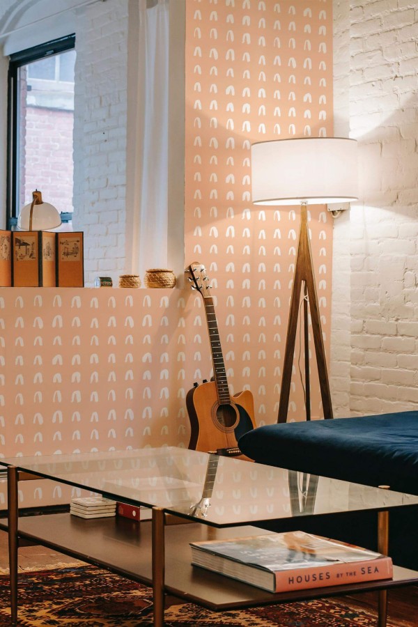 Eclectic style music room decorated with Brush stroke arch peel and stick wallpaper