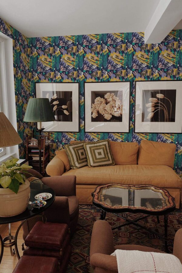Mid-century eclectic style living room decorated with Brush stroke bold peel and stick wallpaper
