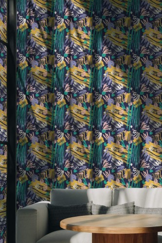 Scandinavian style living room decorated with Brush stroke bold peel and stick wallpaper