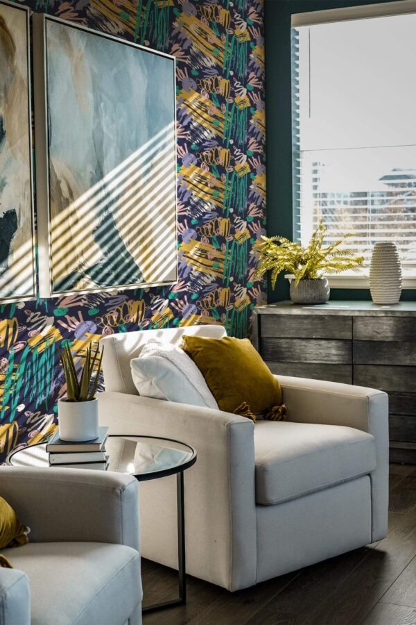 Shabby chic style living room decorated with Brush stroke bold peel and stick wallpaper