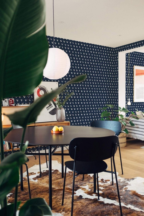 Scandinavian style dining room decorated with Brush stroke check mark peel and stick wallpaper