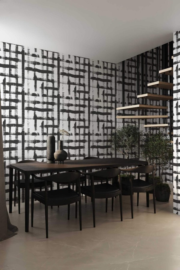 Modern industrial style dining room decorated with Brush stroke gingham peel and stick wallpaper