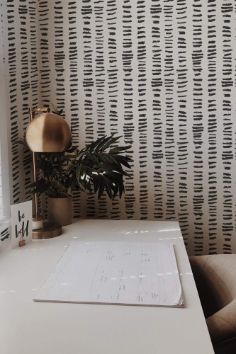 Rustic style home office decorated with Brush stroke pattern peel and stick wallpaper