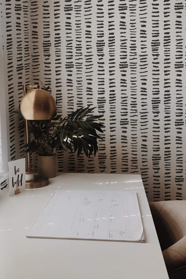 Rustic style home office decorated with Brush stroke pattern peel and stick wallpaper