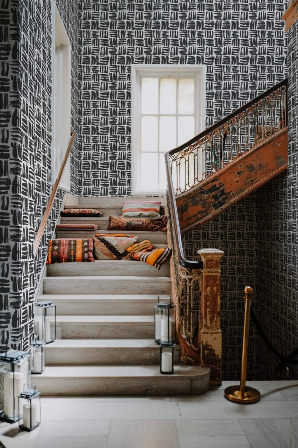 Victorian style hallway decorated with Brush stroke squares peel and stick wallpaper