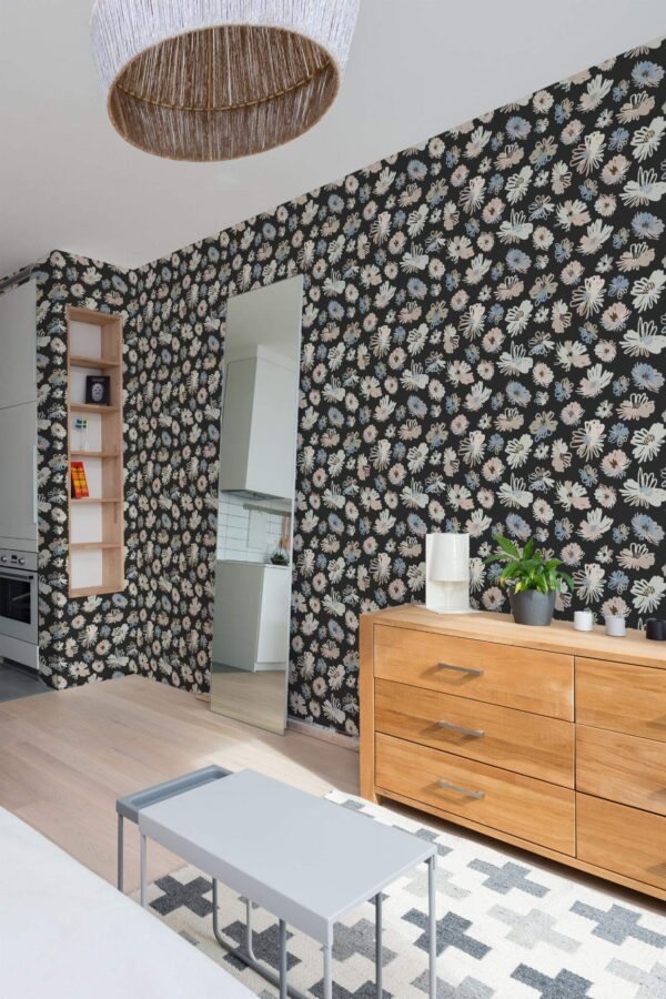 Scandinavian style small apartment decorated with Brushstroke floral peel and stick wallpaper