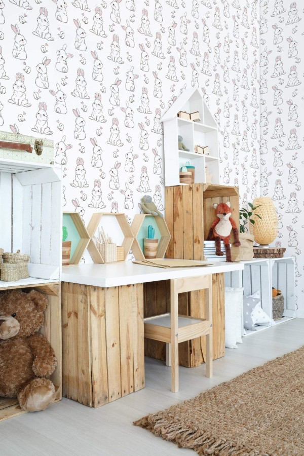 Farmhouse style kids room decorated with Bunny peel and stick wallpaper
