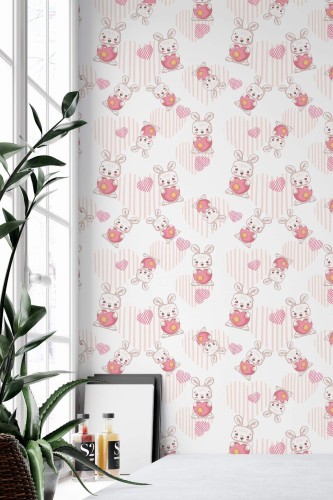 Minimal style home office decorated with Bunny with heart peel and stick wallpaper