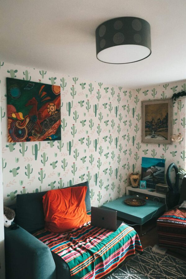 Rustic eclectic style living room decorated with Cactus peel and stick wallpaper