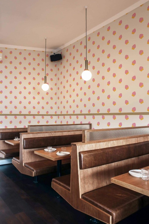 Rustic mid-century style bedroom decorated with Cakes peel and stick wallpaper