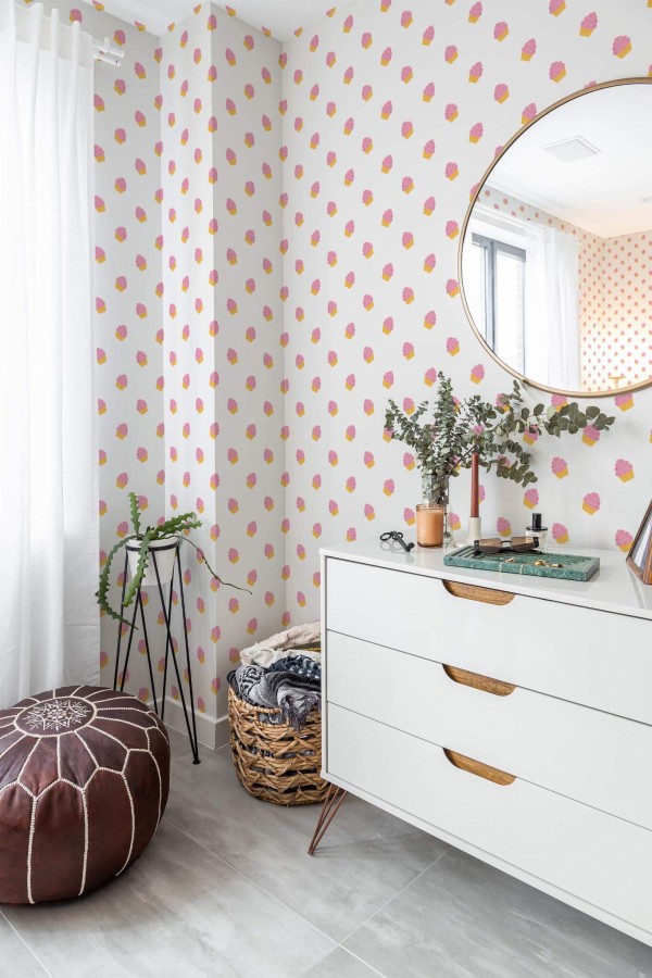 Scandinavian style bedroom decorated with Cakes peel and stick wallpaper and Mediterranean accents