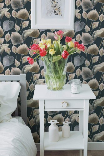 Farmhouse style bedroom decorated with Calla leaves peel and stick wallpaper